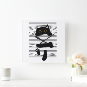 Horloge Carrée Chat Noir Caché Mignon Drôle Minimaliste Amour Des