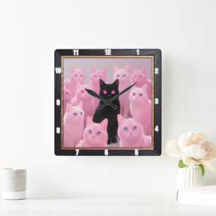 Horloge Carrée Chat noir Chats rose