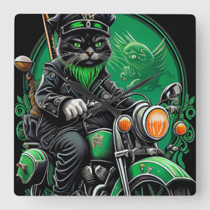 Horloge Carrée Chat noir conduite vélo St. Patrick's Day