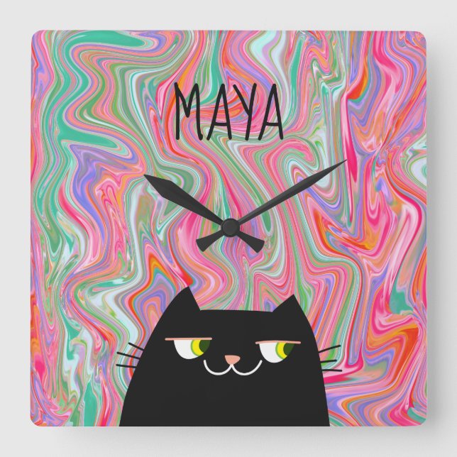 Horloge Carrée Chat noir et Artsy rose Motif Nom du monogramme (Recto)
