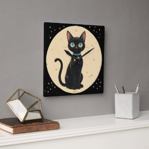 Horloge Carrée Chat noir futuriste atomique Lune