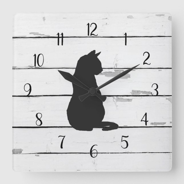 Horloge Carrée Chat noir Rustique Shiplap Décor de ferme (Recto)
