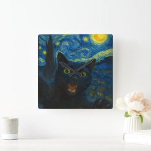 Horloge Carrée Chat noir Starry Nuit Van Gogh Chat Selfie