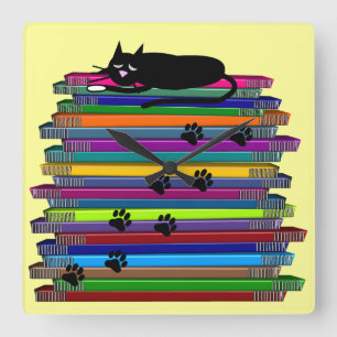 Horloge Carrée Chat noir Whimsical et cadenas de livres