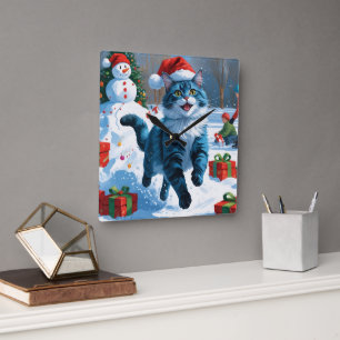 Horloge Carrée Chat Oriental Bleu Assis dans un Chapeau de Noël e