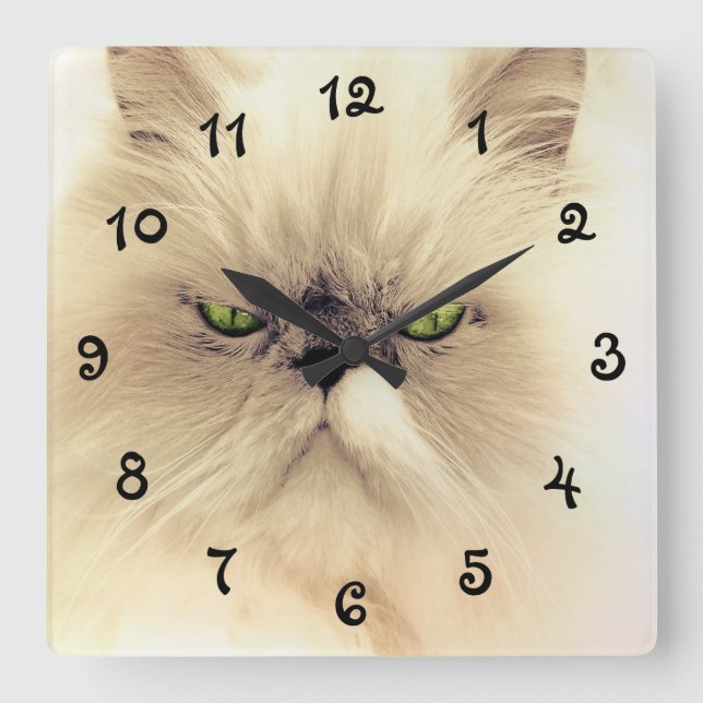 Horloge Carrée Chat Perse Blanc Oeil Vert (Recto)