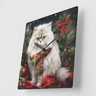 Horloge Carrée Chat perse en Noël de neige