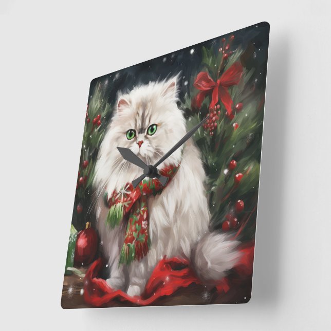Horloge Carrée Chat perse en Noël de neige (Angle)