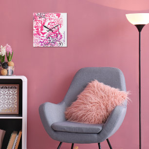 Horloge Carrée Chat sauvage rose pourpre Leopard Cheetah avec de 