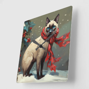 Horloge Carrée Chat siamois à Noël de neige