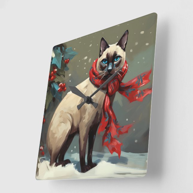 Horloge Carrée Chat siamois à Noël de neige (Angle)