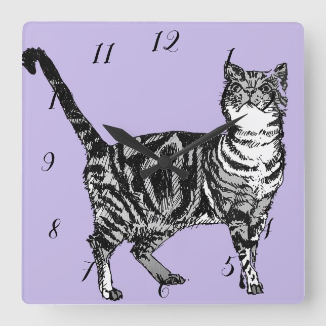 Horloge Carrée Chat Tigre Chats Animal Enfants pastel Violet Carr (Recto)