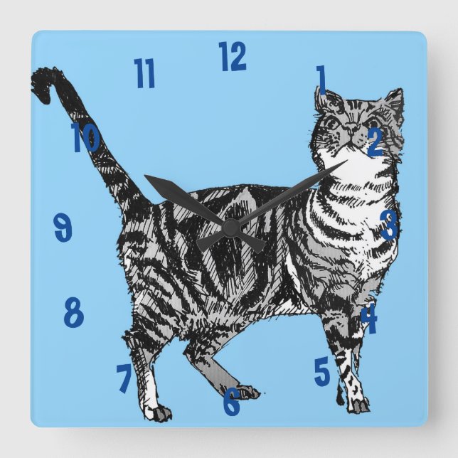 Horloge Carrée Chat Tigre Chats Art Animal Enfant Bleu Clair (Recto)