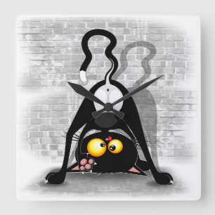 Horloge Carrée Chat Upside Down Funny Cartoon Caractère