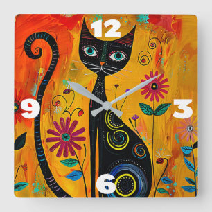 Horloge Carrée Chat Whimsical