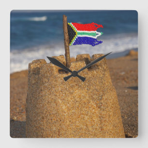 Horloge Carrée Château de Sable Avec Drapeau Sud-Africain, Umhlan