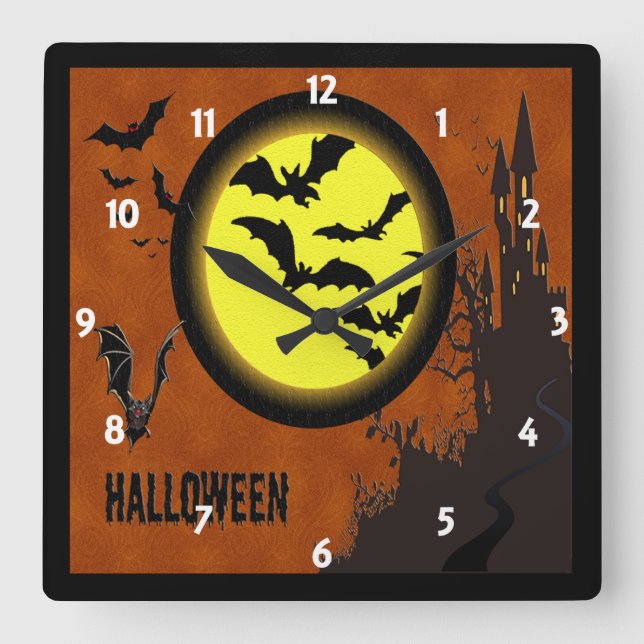 Horloge Carrée Château haunted, Bats et Yellow Moon (Recto)