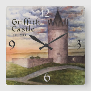 Horloge Carrée Château Irlandais Aquarelle Nom de Famille Année d