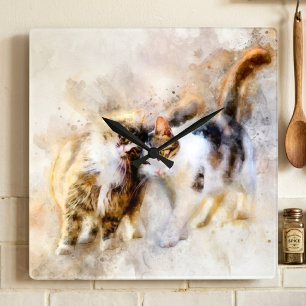 Horloge Carrée Chats à l'aquarelle se câlinant dans l'art abstrai