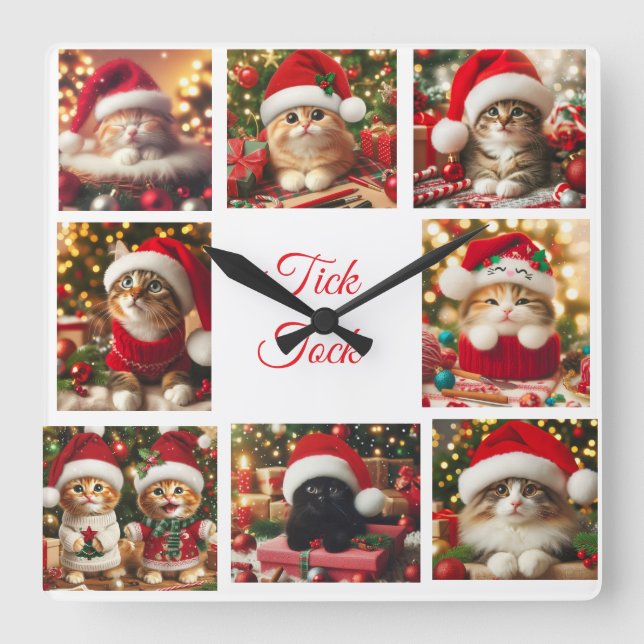 Horloge Carrée Chats Avec Casquettes De Noël Rouge /Mignonne /Hor (Recto)