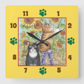 Horloge Carrée Chats avec l'horloge murale carrée de tournesols