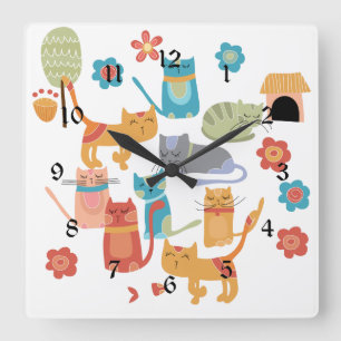 Horloge Carrée Chats Kitty colorés Imprimer Cadeaux pour Amoureux