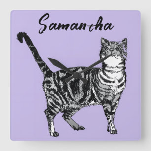 Horloge Carrée Chatte tigrée noire et blanche Nom Violet 