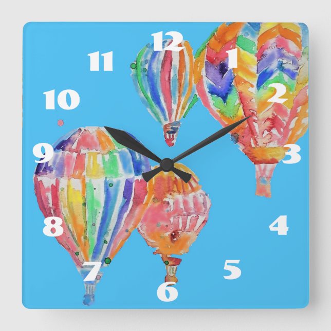 Horloge Carrée Chaud Air Balloon Aquarelle Bleu Nourriture Enfant (Recto)