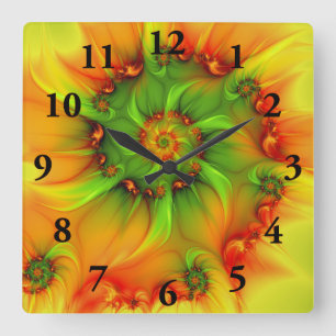 Horloge Carrée Chaud été vert orange Abstrait coloré Fractal