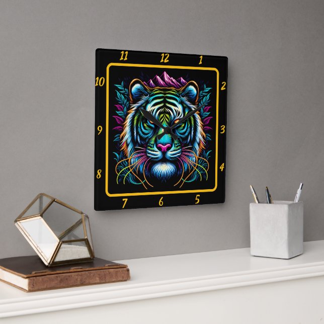 Horloge Carrée Chef-d'oeuvre du tigre de néon non dompté (Bureau)