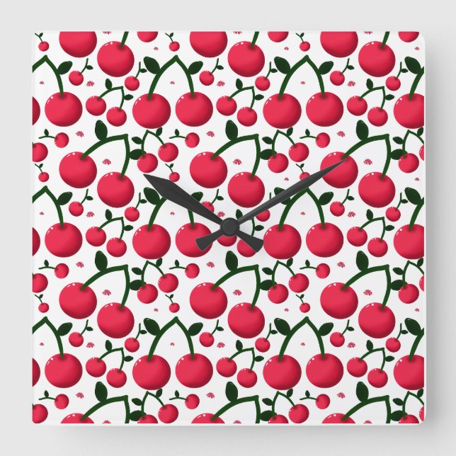 Horloge Carrée Cherry Seamless Pattern, Red Fruit Pattern, Cute C (Recto)