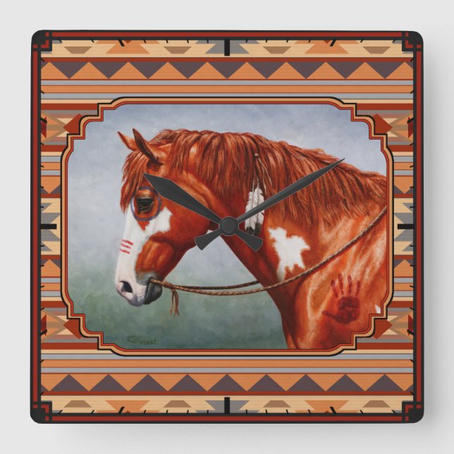 Horloge Carrée Chestnut Pinto Horse Southwest Indian Design (Recto)