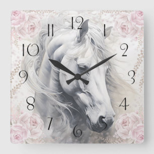Horloge Carrée Cheval Blanc Floral Élégant