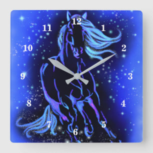 Horloge Carrée Cheval Bleu Néon Couchant Au Lune Starry Night