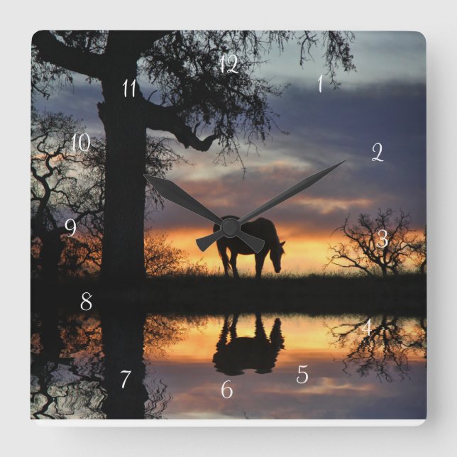 Horloge Carrée Cheval Chêne et réflexion dans l'étang (Recto)