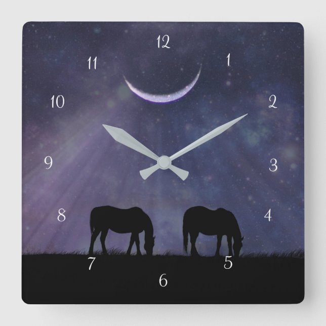 Horloge Carrée Cheval d'Imaginaire et lune de croissant (Recto)