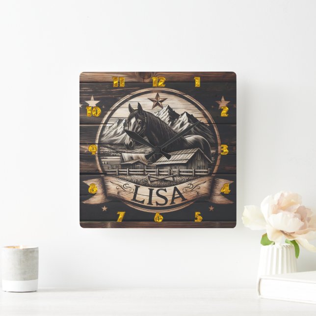 Horloge Carrée Cheval en bois sculpté avec Arrière - plan de mont (Maison)