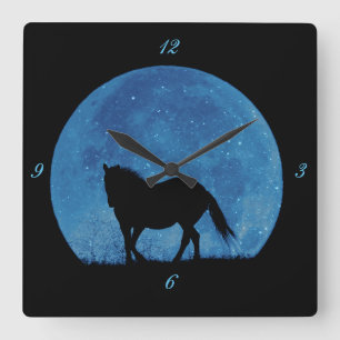 Horloge Carrée Cheval et lune surréaliste d'Imaginaire