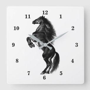 Horloge Carrée Cheval sauvage noir droit - Dessin noir et blanc
