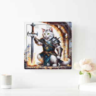 Horloge Carrée Chevalier de chat brave en armure avec épée