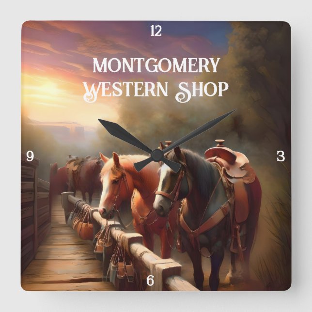 Horloge Carrée Chevaux accrochés à un rail (Recto)