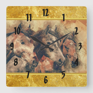 Horloge Carrée Chevaux de Thoroughbred courant dans un champ