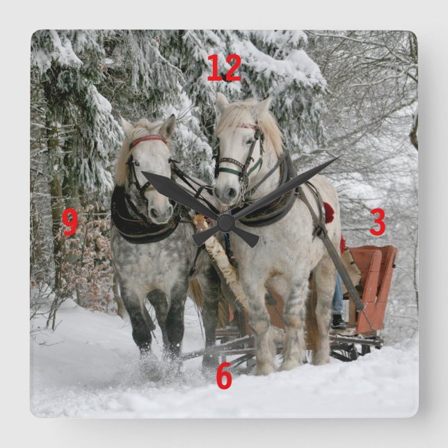 Horloge Carrée Chevaux de trait tirant Sleigh (Recto)