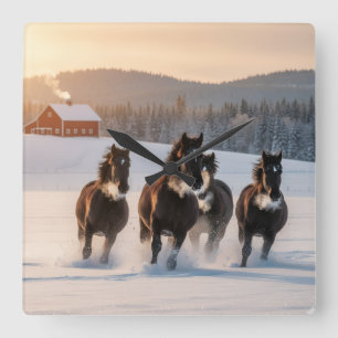 Horloge Carrée Chevaux galopant par un matin d'hiver -