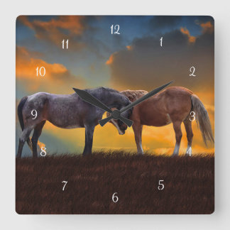 Horloge Carrée Chevaux Imaginaire Surreal Sunrise Palomino Roan