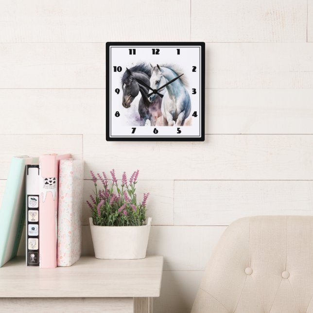 Horloge Carrée Chevaux noir et blanc en aquarelle (Salle de lecture)