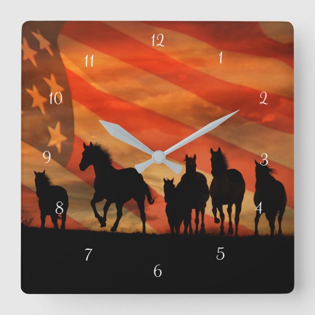 Horloge Carrée Chevaux sauvages Mustangs américains (Recto)
