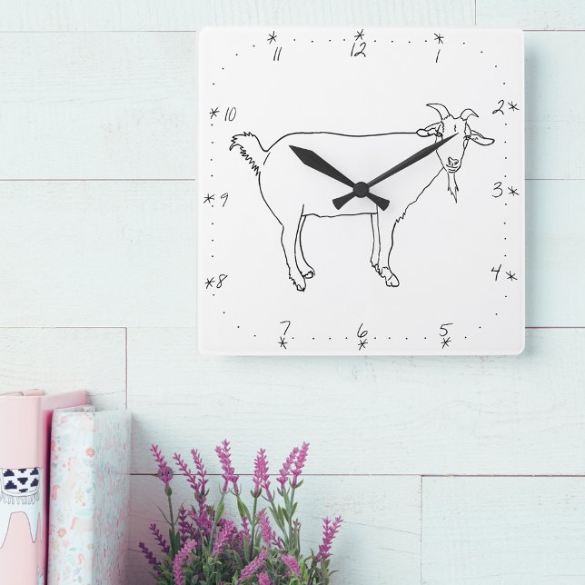 Horloge Carrée Chèvre mignonne Ligne simple Dessin animal irrégul (Simple goat drawing black and white quirky farm animal art wall clock)