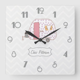 Horloge Carrée Chevron Rétro Design Caravane Vintage