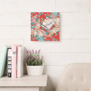 Horloge Carrée Chic Aqua Turquoise Coral Red Seashells Motif